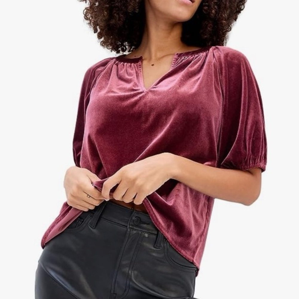 GAP Short Sleeve Puff Sleeve Velvet Blouse - Deep Burgundy